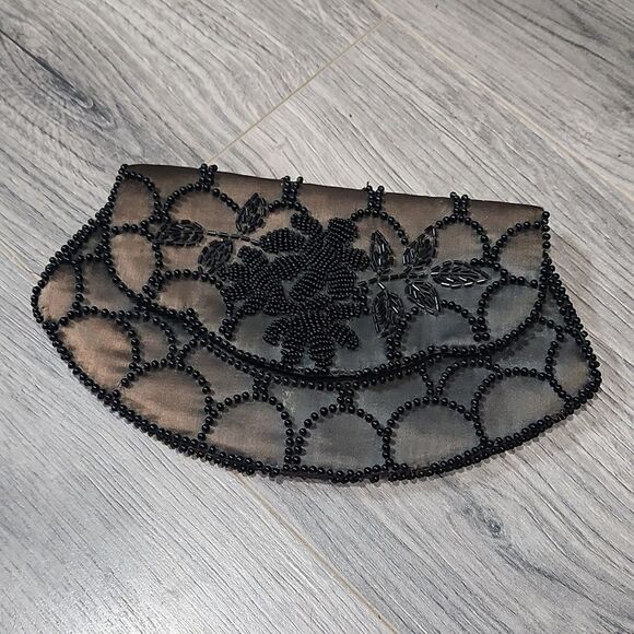AS IS Vintage Beaded Black Satin Clutch Evening Bag - Picture 1 of 7